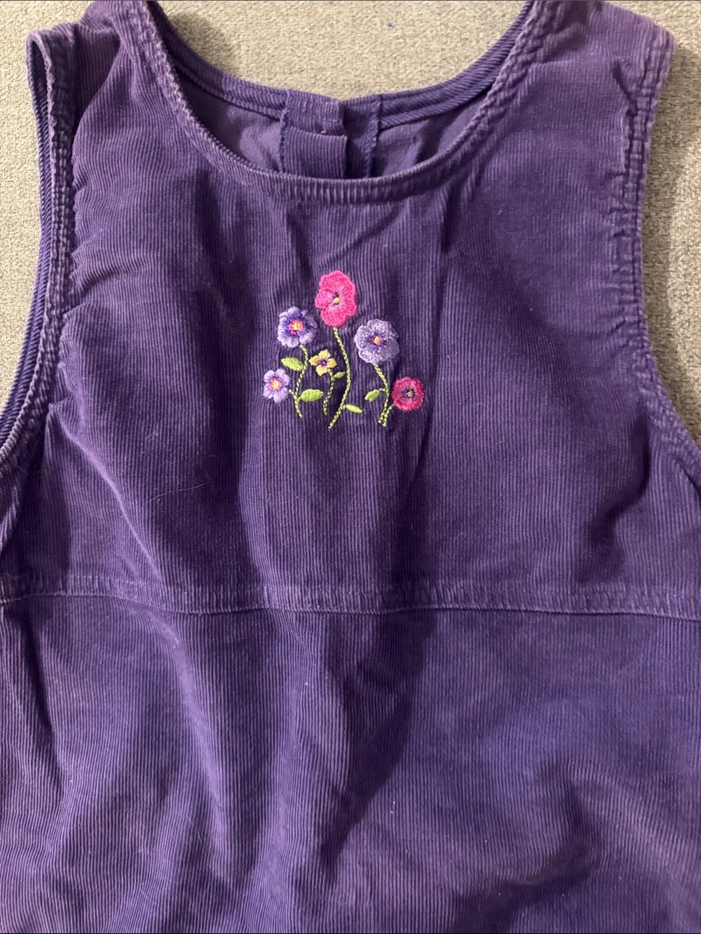 5/$15- Purple Corduroy Pinafore Dress with Floral Embroidery